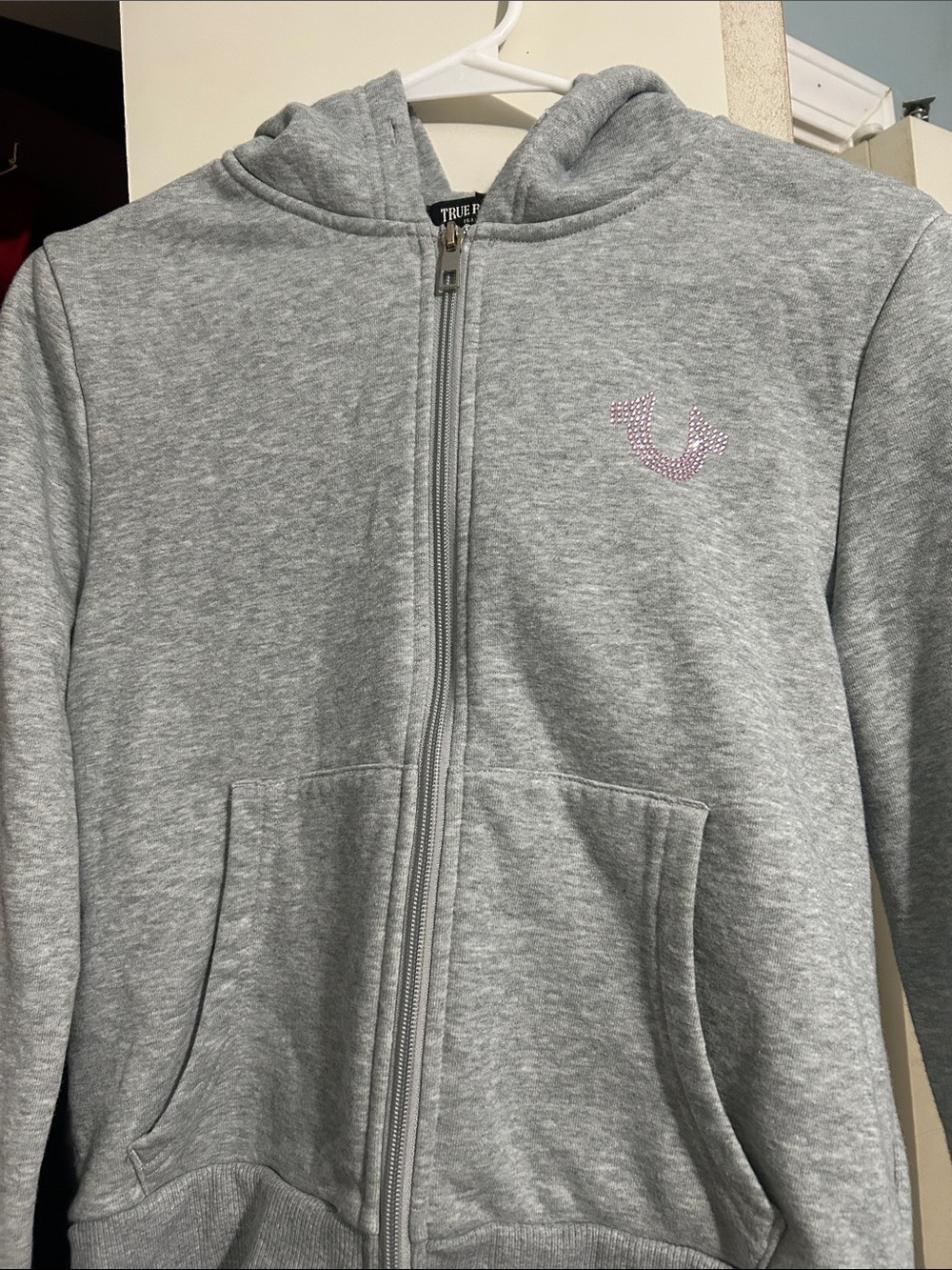 True Religion Light Gray Zip-Up Hoodie with Rhinestone Horseshoe
